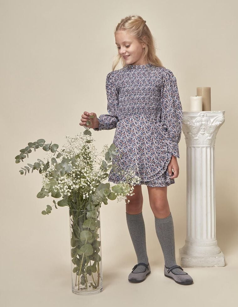 Vestido manga larga estampado flores blanco