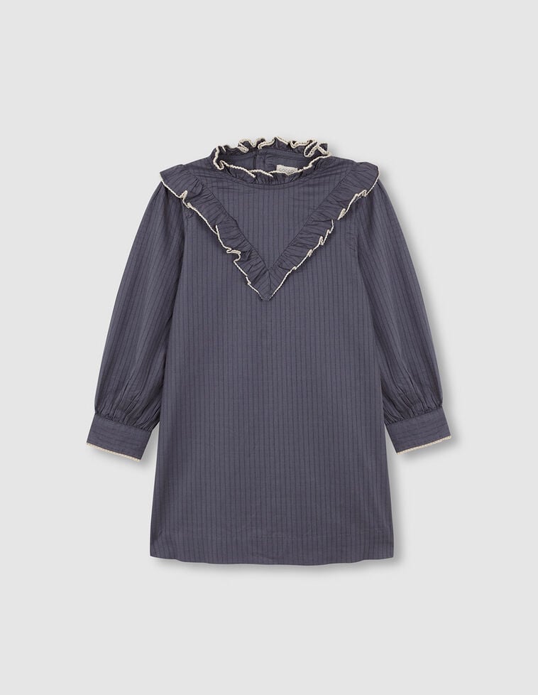 Vestido azul con volante y cuello alto Vestido azul con volante y cuello alto