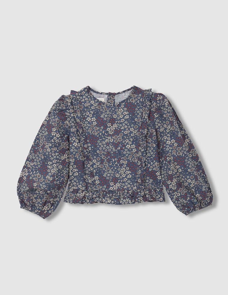 Blusa de flores con tiras fruncidas azul