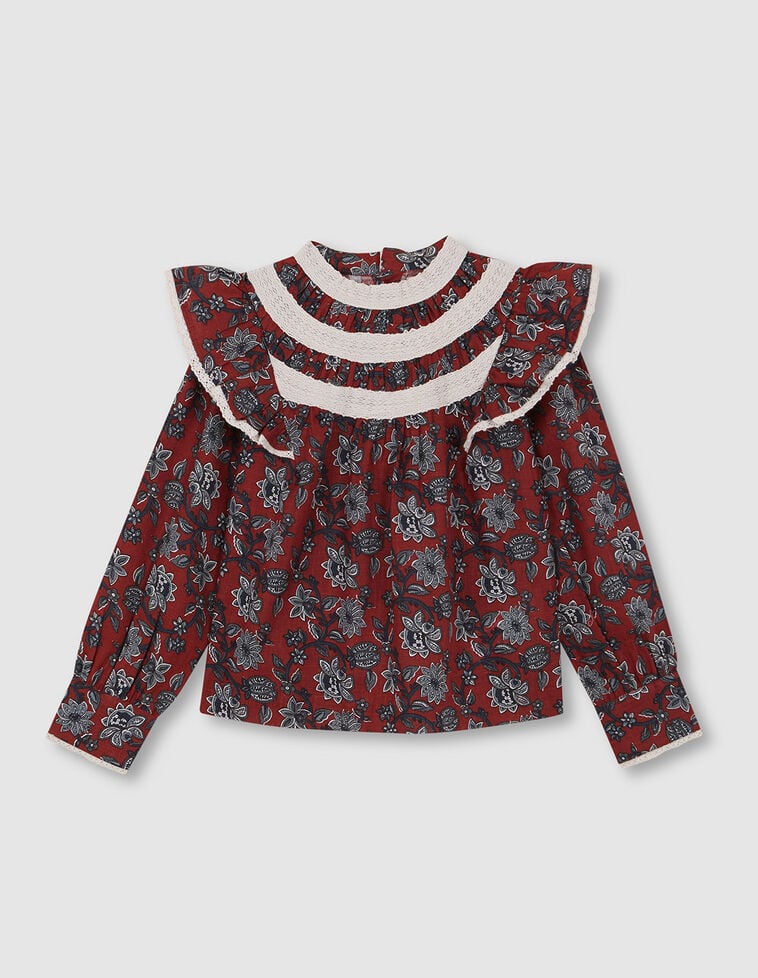 Blusa floral con volantes y tiras bordadas granate