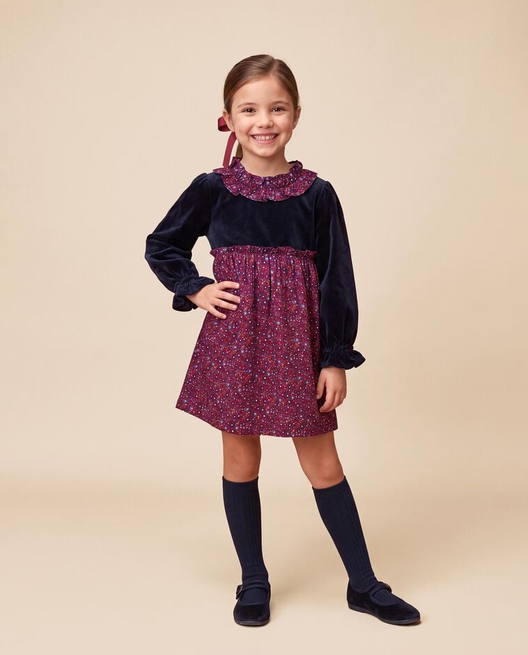 Vestido terciopelo y estampado azul ni&ntilde;a