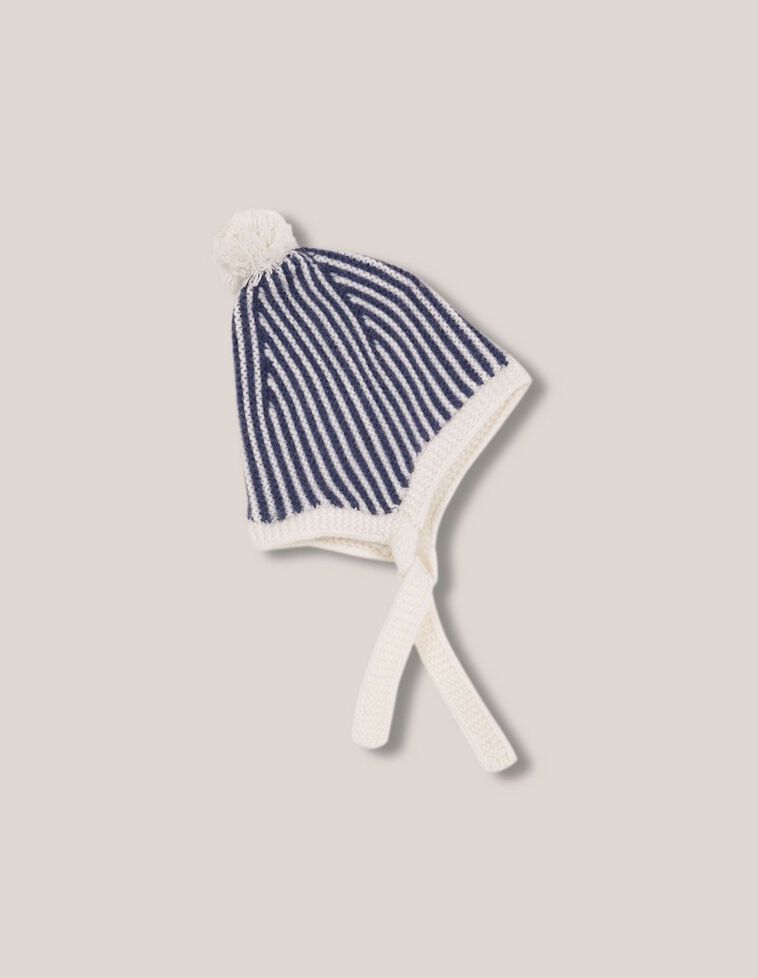 Gorro lana merino rayas con pompón azul