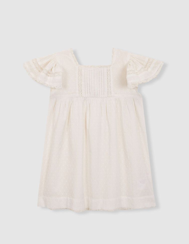 Vestido con jaretas y tiras bordadas blanco