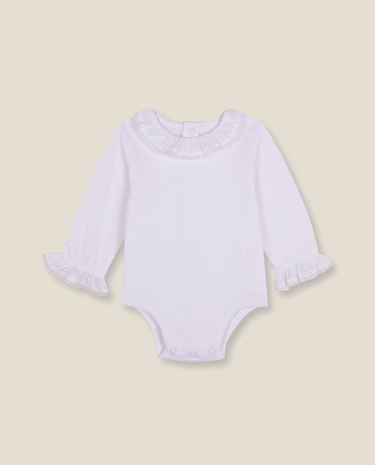 Body manga larga cuello volante blanco reci&eacute;n nacido