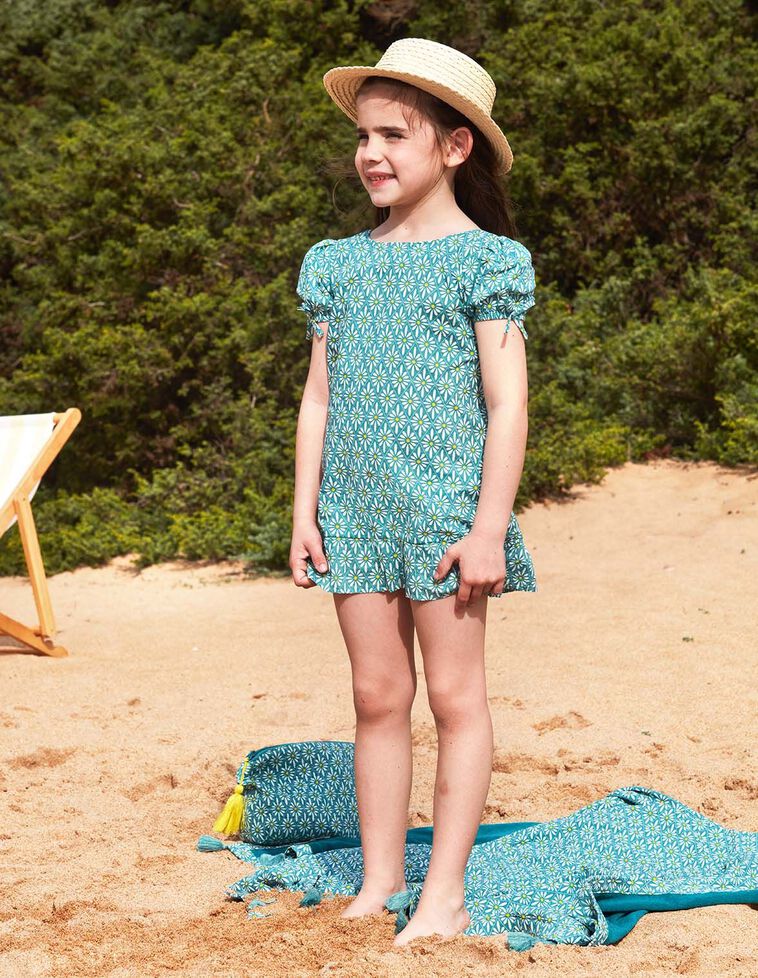 Vestido manga abullonada con estampado margaritas