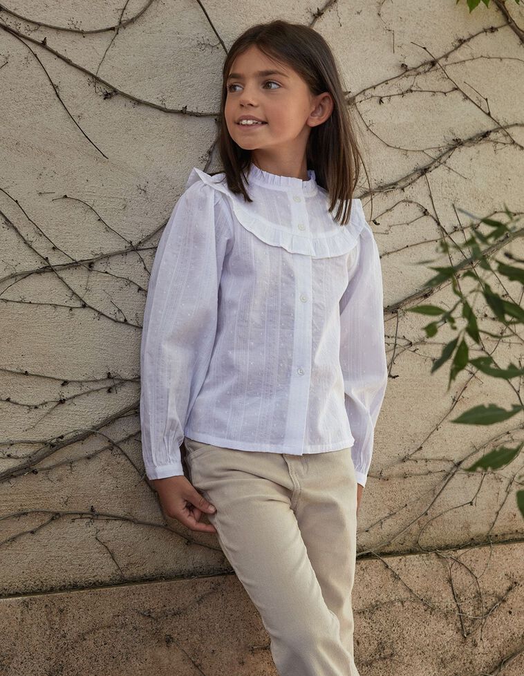 Camisa Dobby  Con Volantes Blanco Roto