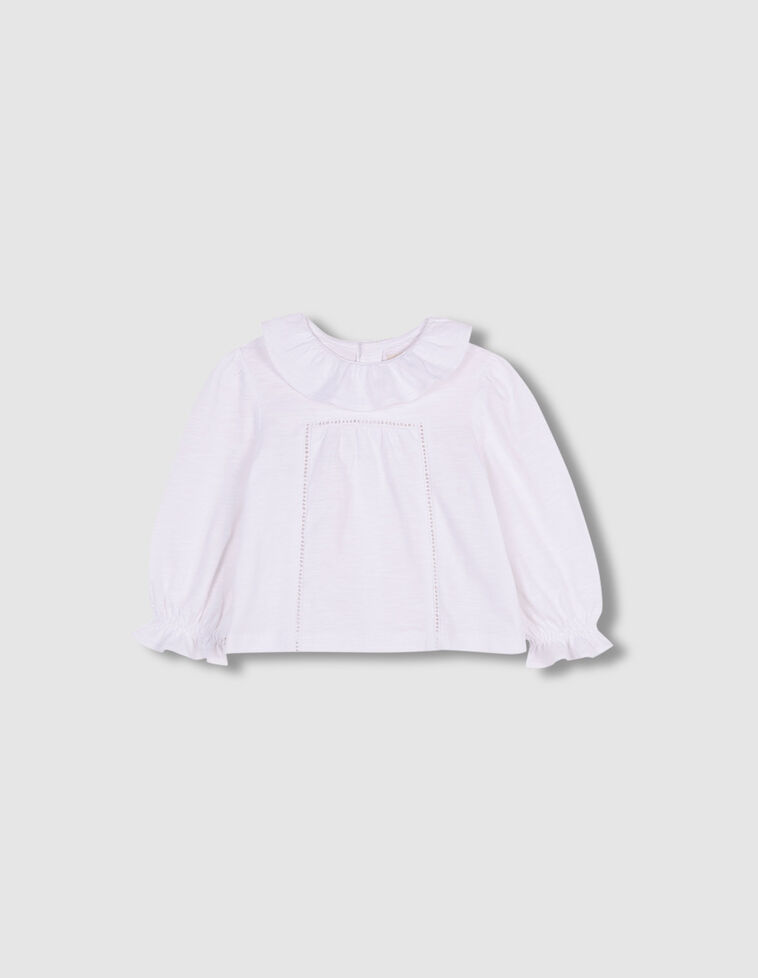 Camiseta Cuello Volante  Con Tiras Bordadas Blanco Optico