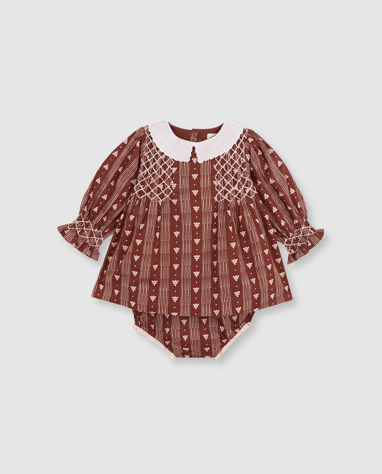 Vestido estampado con nido de abeja marr&oacute;n beb&eacute;